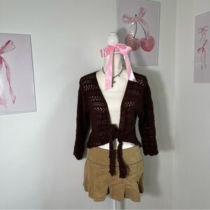 Vintage Y2K Mixit‎ Chocolate Brown Crochet Knit Tie Front Cardigan Sweater L/XL